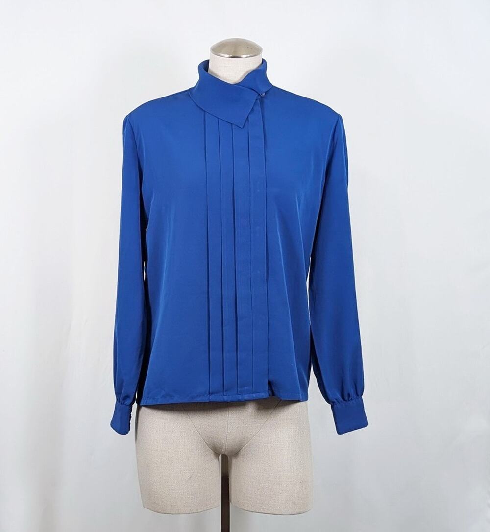 Vintage 80s Blouse Blue Pleated Front Long Sleeve Women's Size 10 Pendleton - Picture 1 of 7